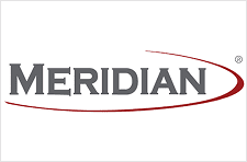 Meridian logo with red curved line.