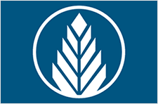 White leaf emblem on blue background.